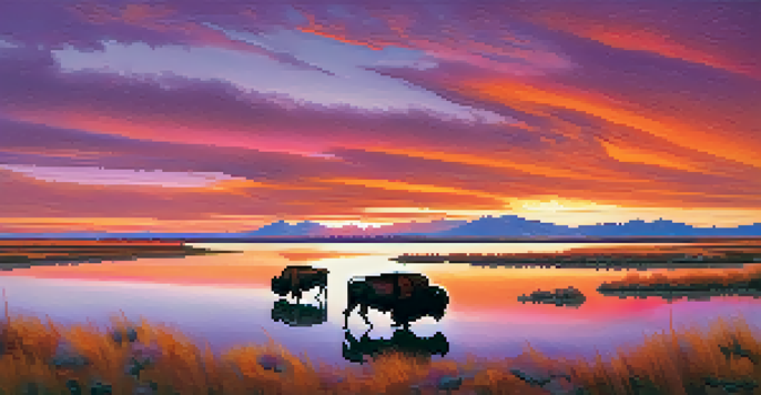 A sunset view at Antelope Island State Park with bison grazing and colorful sky.
