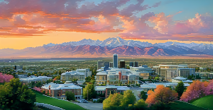 A panoramic view of Salt Lake City with luxury homes and the Wasatch Mountains during sunset, featuring orange and pink hues in the sky.