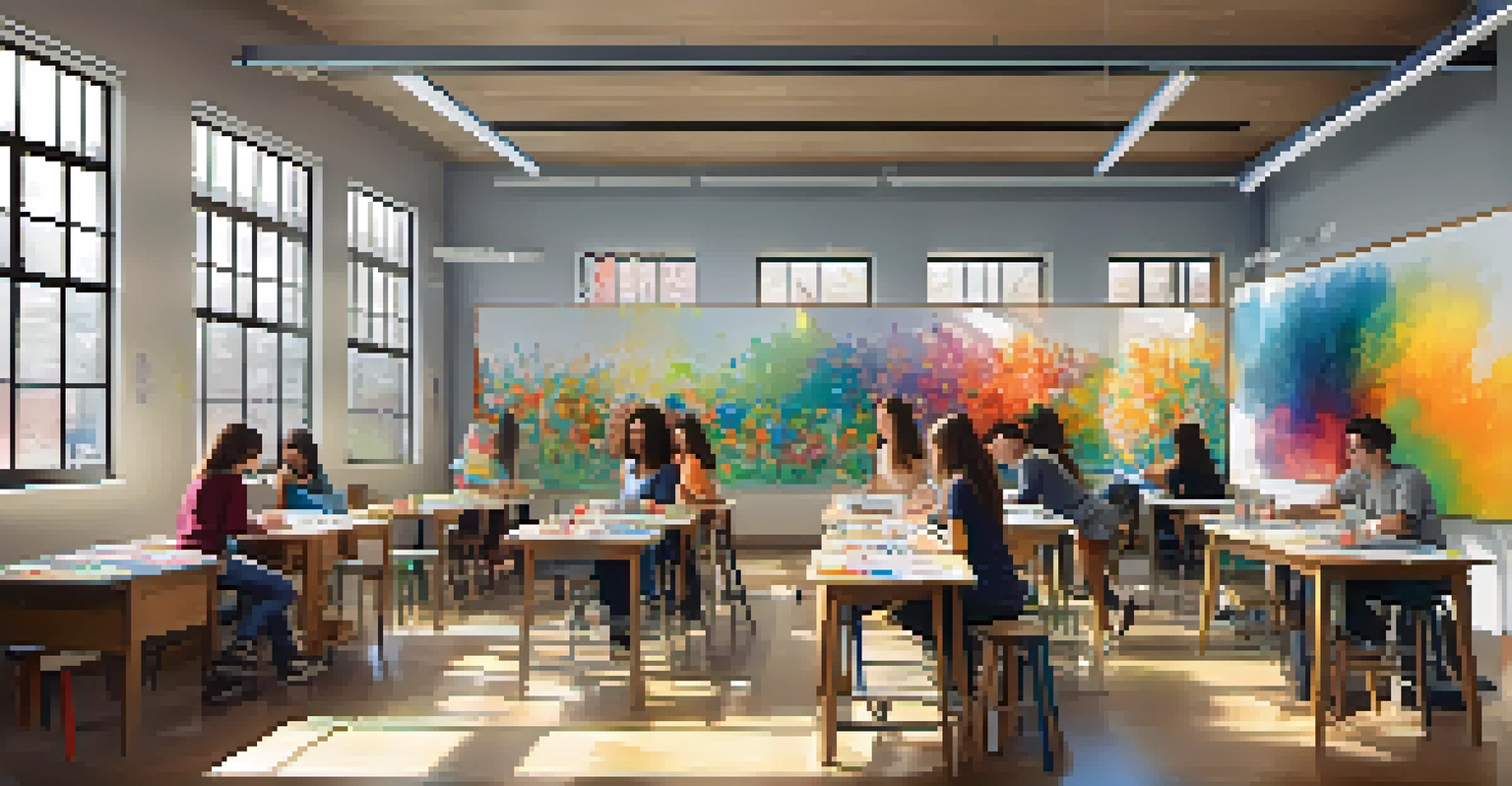 Students collaborating on a mural in an art room filled with colorful artwork and art supplies, depicting creativity and teamwork.