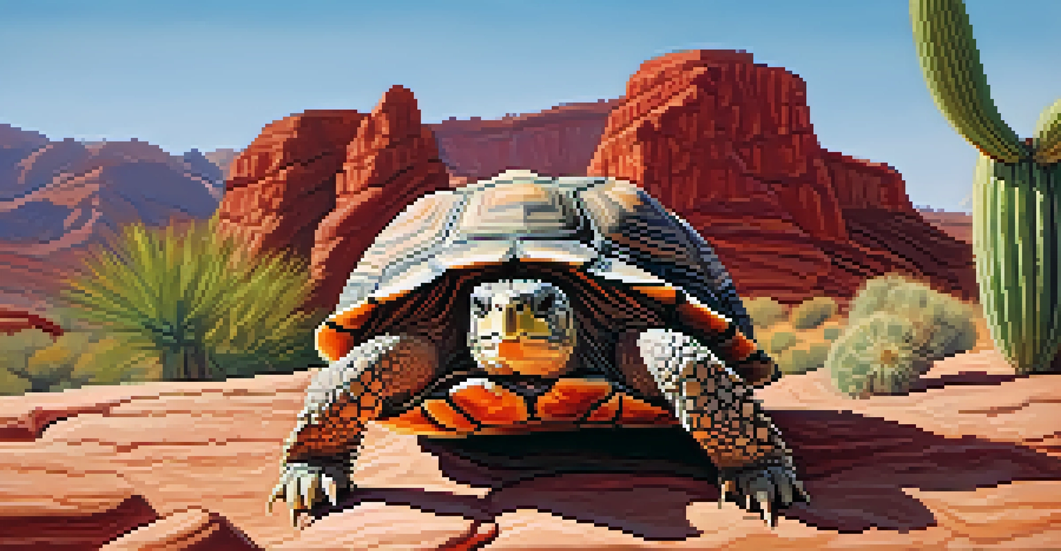 A close-up of a desert tortoise basking in the sun against a backdrop of rugged red rocks at Red Cliffs Desert Reserve.