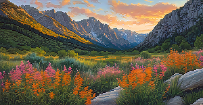 A scenic sunset view of Little Cottonwood Canyon with climbers on granite cliffs and colorful wildflowers in the foreground.