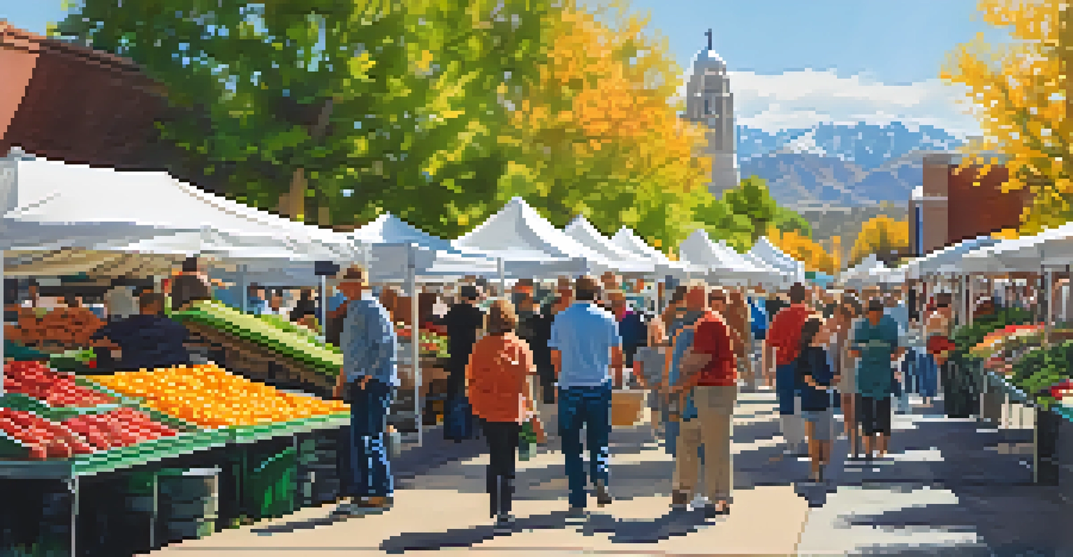 A colorful image of Pioneer Park with bustling farmers market stalls and historical monuments.