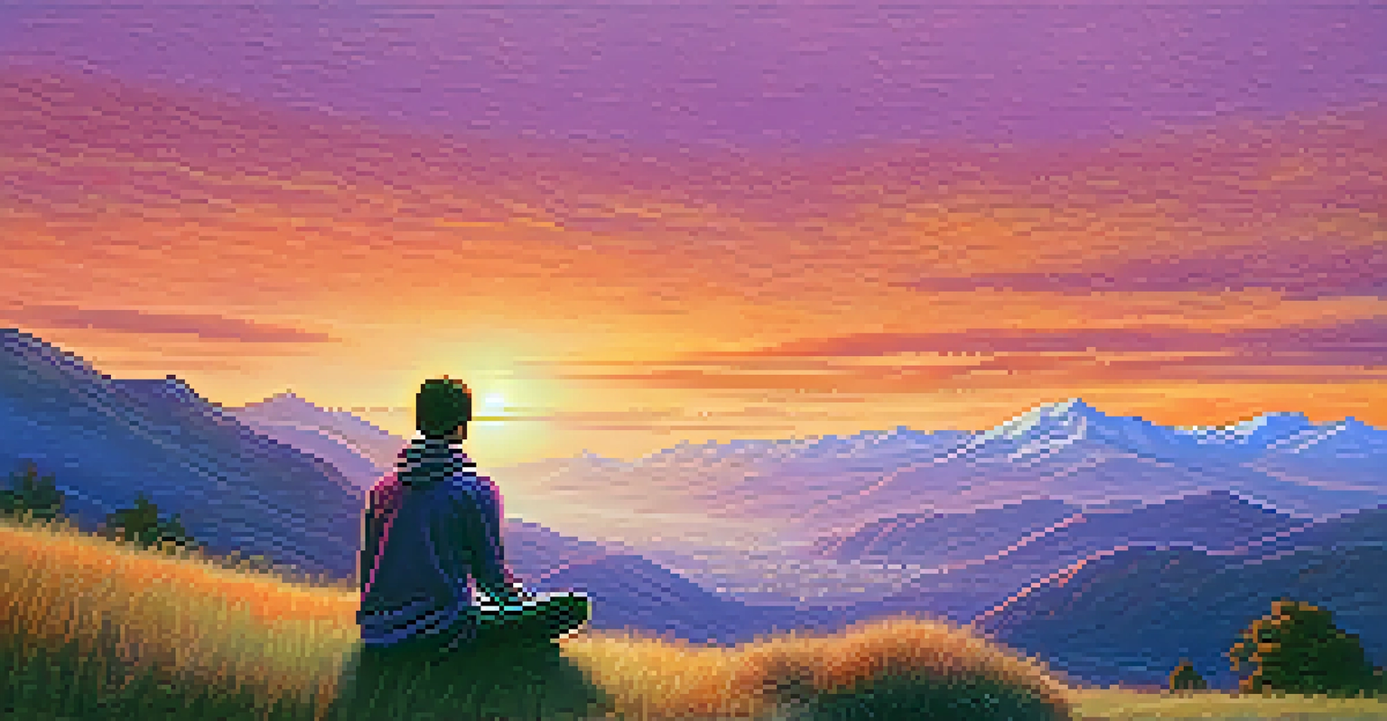 A person meditating on a hillside at sunset, surrounded by mountains and a colorful sky.