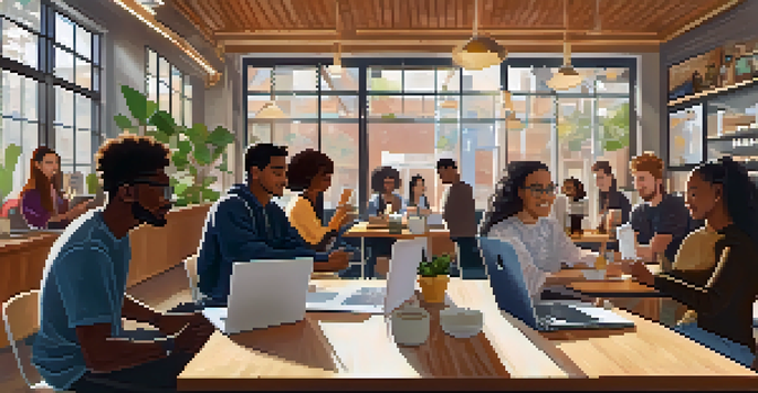A diverse group of students in a coffee shop, engaged in a virtual class on laptops.