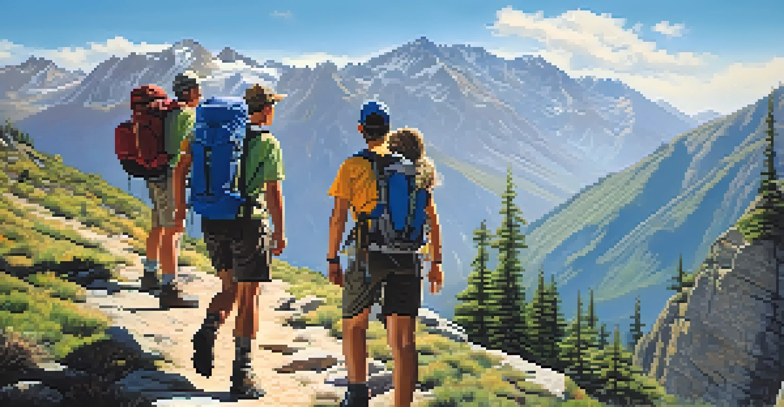 A group of hikers on a mountain trail surrounded by stunning views of valleys and peaks.