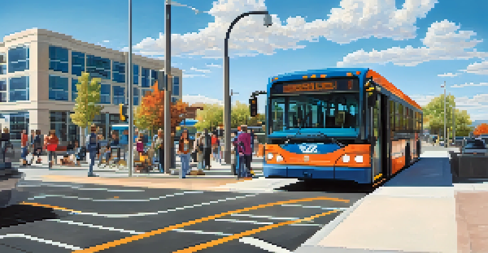 A colorful street view in Salt Lake City with an accessible bus at a light rail station, featuring a ramp for wheelchair access and diverse passengers, against a backdrop of mountains.