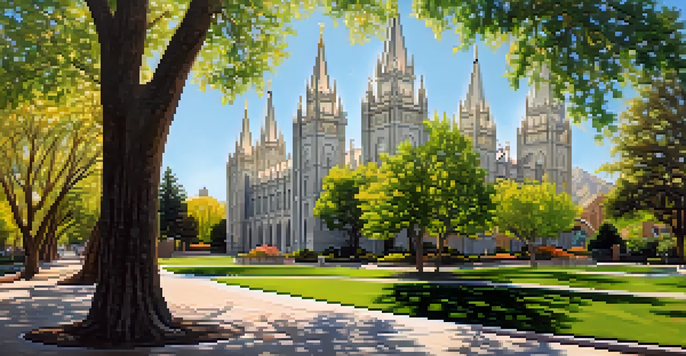 A scenic view of Temple Square featuring the Gothic-style Salt Lake Temple and lush gardens under soft sunlight.