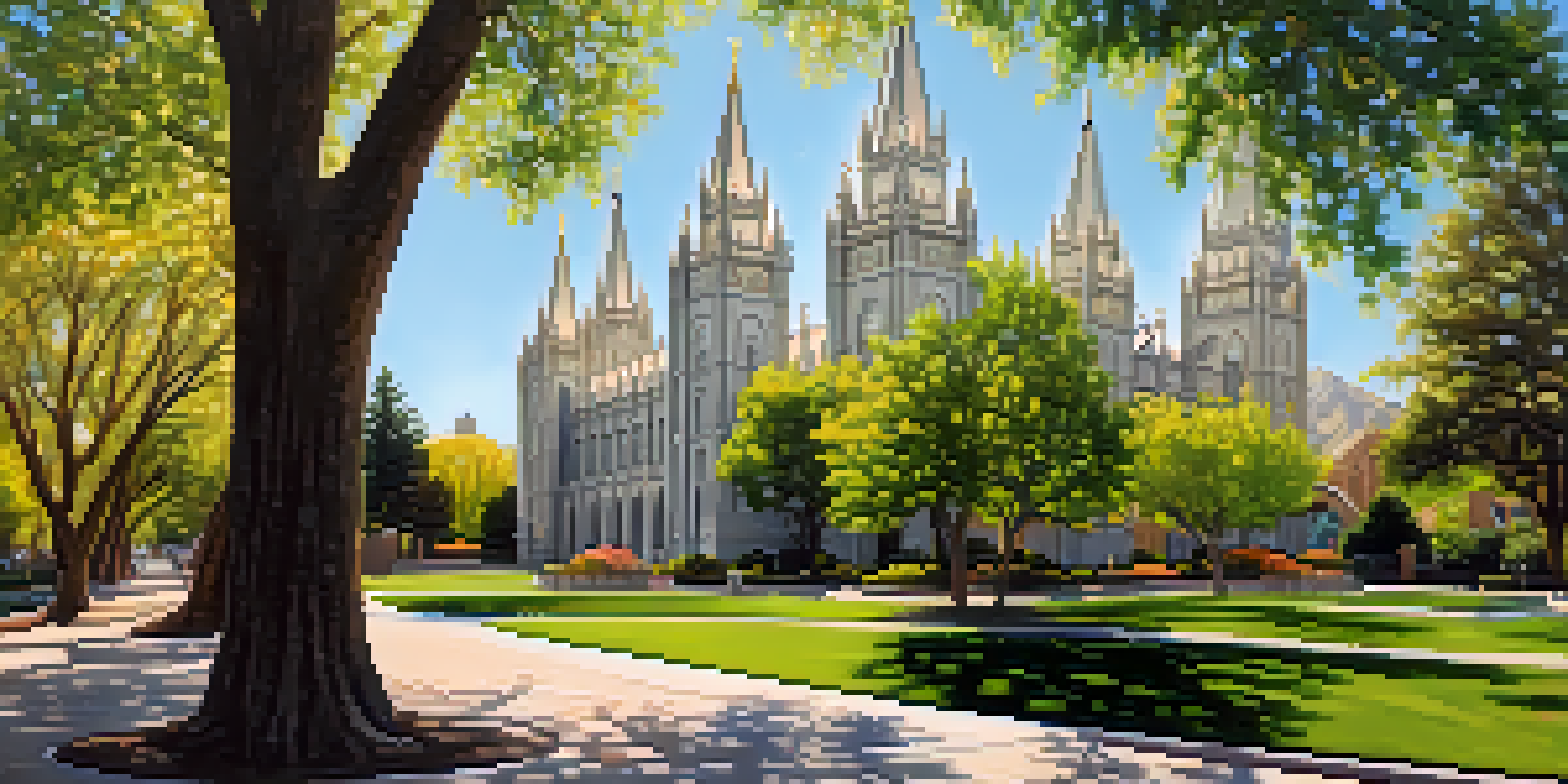 A scenic view of Temple Square featuring the Gothic-style Salt Lake Temple and lush gardens under soft sunlight.