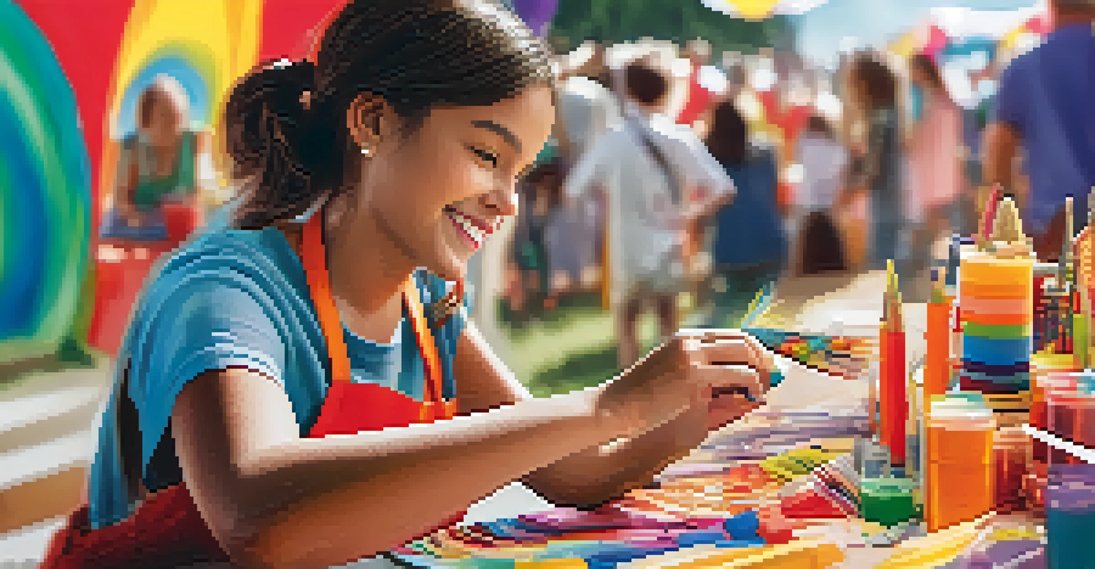 A volunteer assisting a smiling child at a craft booth during a festival, surrounded by colorful decorations and engaging activities.