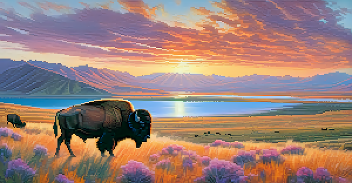 A panoramic sunset view of Antelope Island State Park with grazing American bison and colorful sky reflections over the Great Salt Lake.