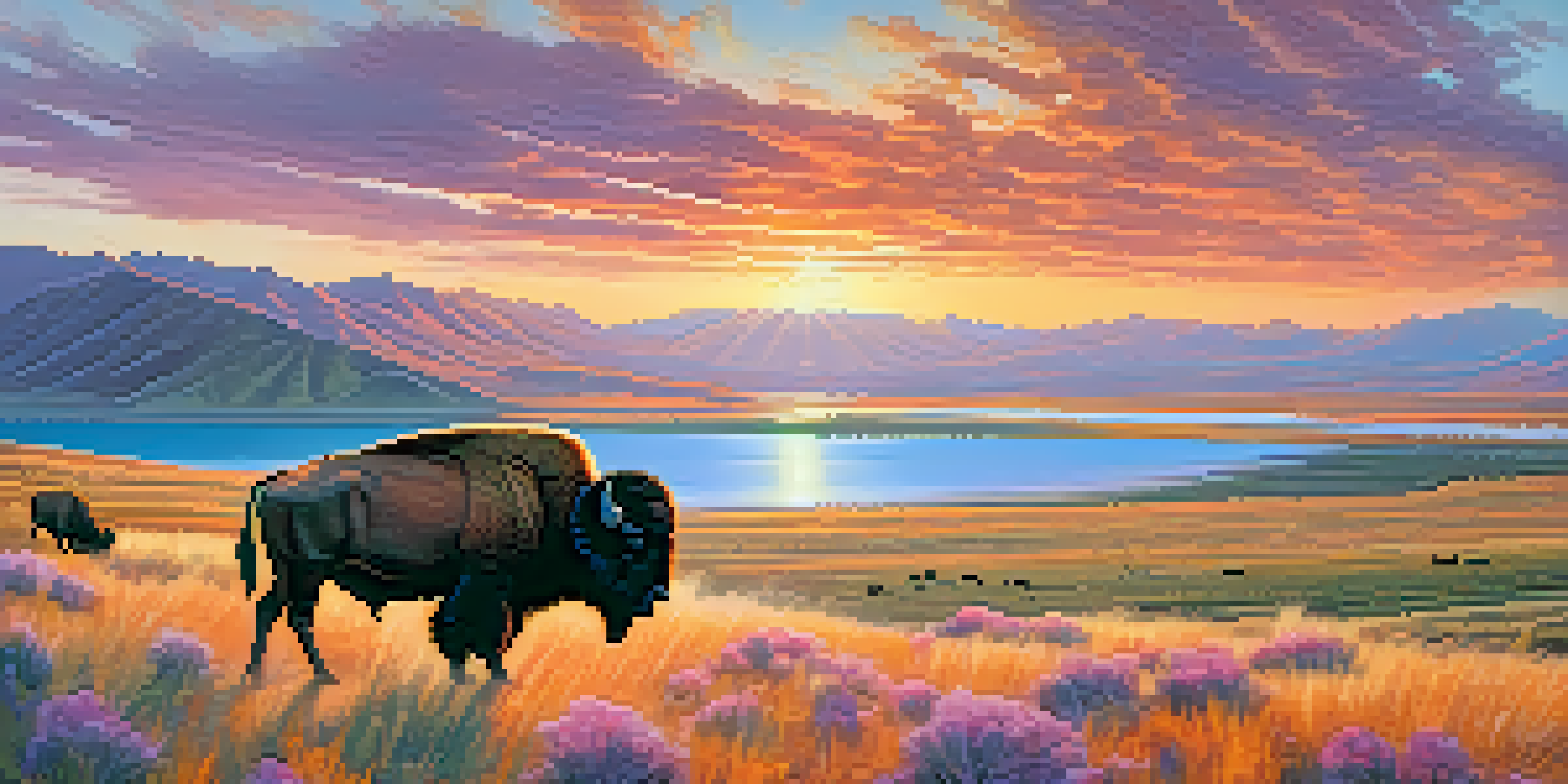 A panoramic sunset view of Antelope Island State Park with grazing American bison and colorful sky reflections over the Great Salt Lake.