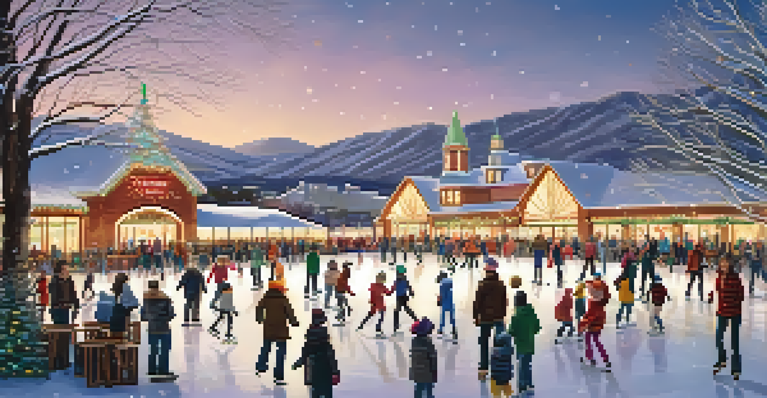 A vibrant ice skating rink filled with people skating, surrounded by festive lights and a cozy café.