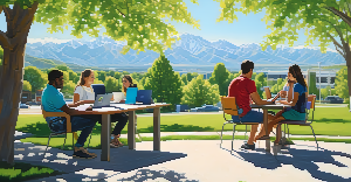 A group of remote workers using laptops in a park with mountains in the background.