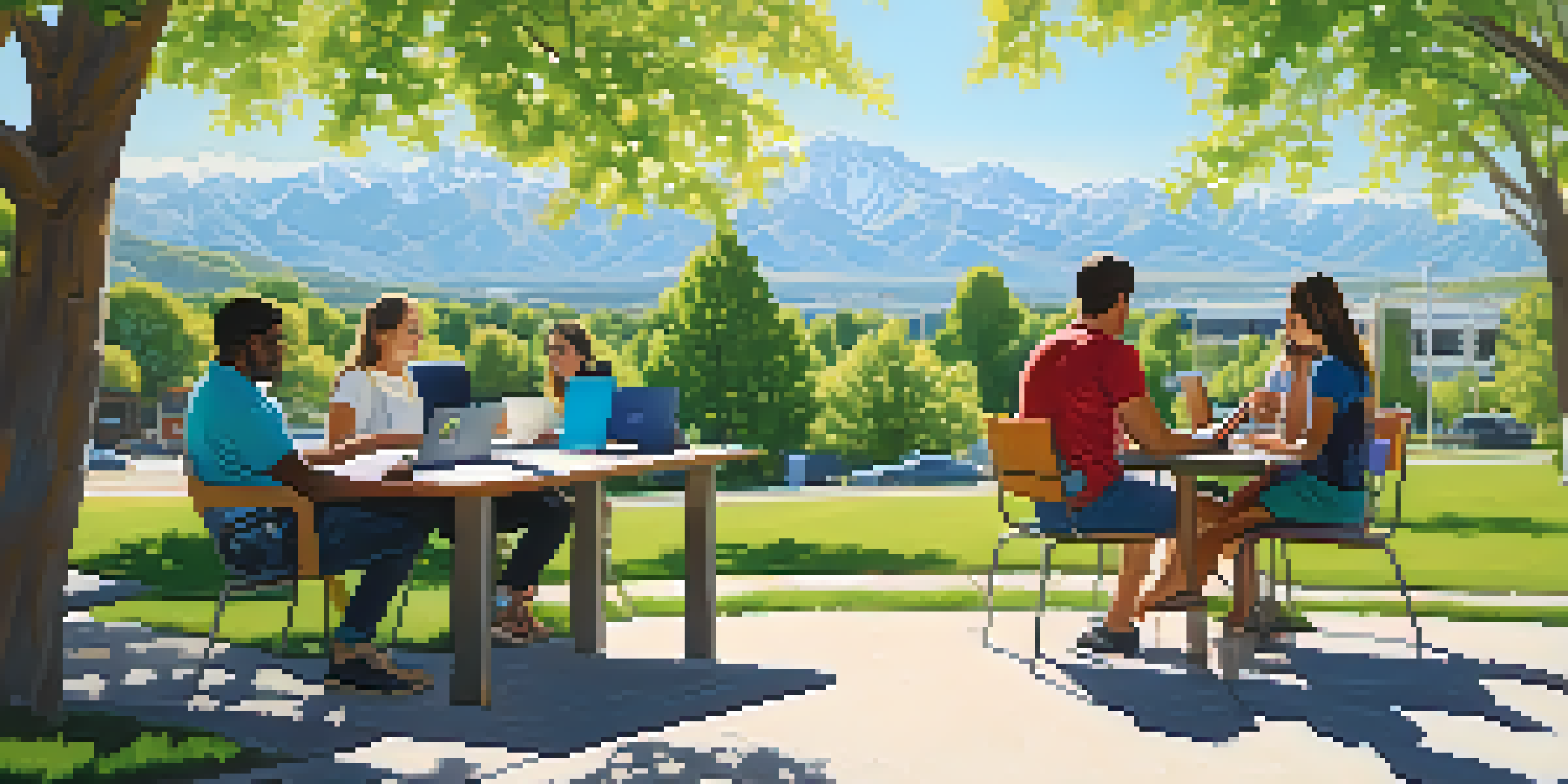 A group of remote workers using laptops in a park with mountains in the background.