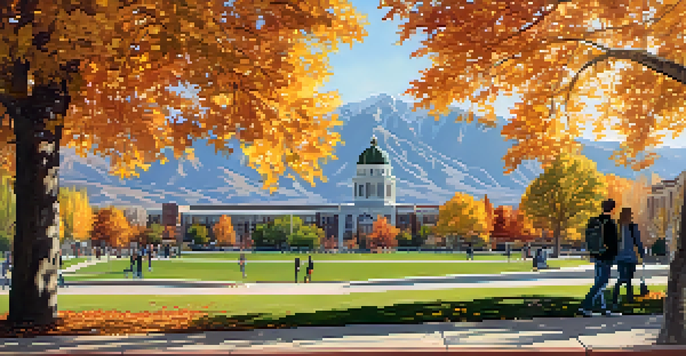A scenic view of Salt Lake City, highlighting the University of Utah's campus with students and colorful autumn leaves under bright sunlight.