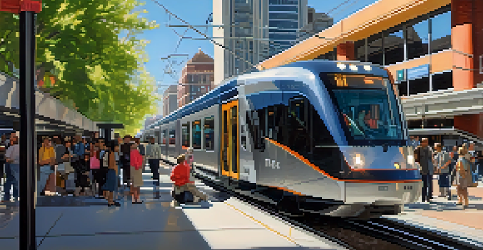 A busy TRAX light rail station in Salt Lake City with people waiting for trains and mountains in the background.