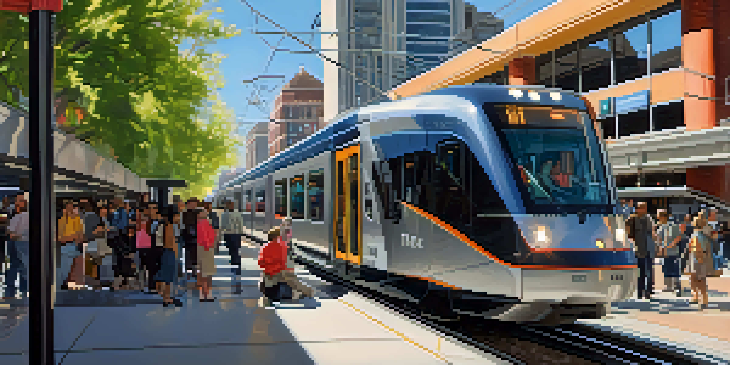 A busy TRAX light rail station in Salt Lake City with people waiting for trains and mountains in the background.