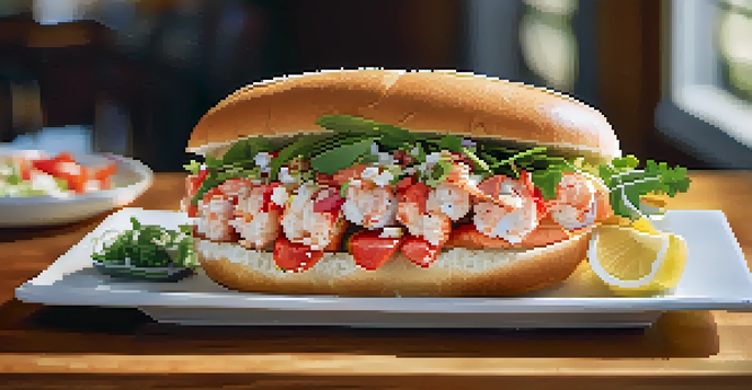 A delicious Maine lobster roll on a whole wheat bun accompanied by a colorful seasonal salad on a rustic wooden table.