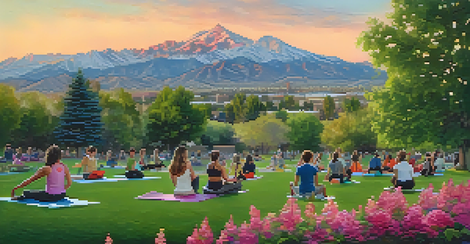A vibrant park scene with people practicing yoga and jogging, surrounded by greenery and mountains during sunset.