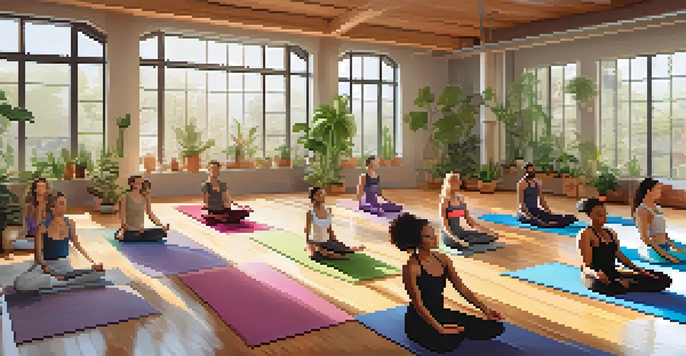 A serene yoga studio with individuals practicing yoga on colorful mats, surrounded by calming decor and plants.