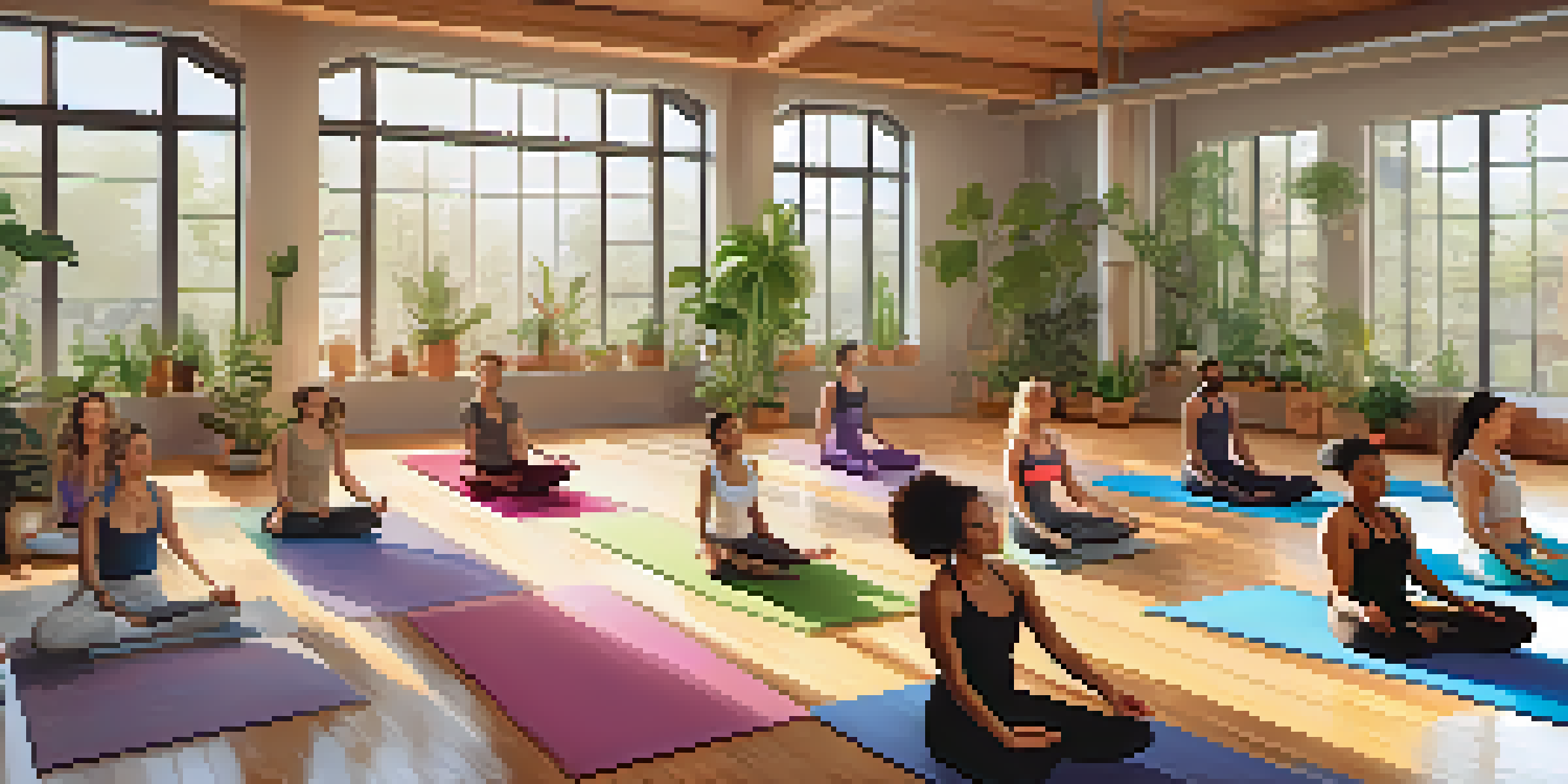 A serene yoga studio with individuals practicing yoga on colorful mats, surrounded by calming decor and plants.