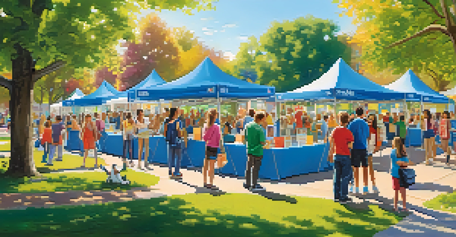 A community education fair in a park, with booths showcasing various classes and people engaging with instructors.