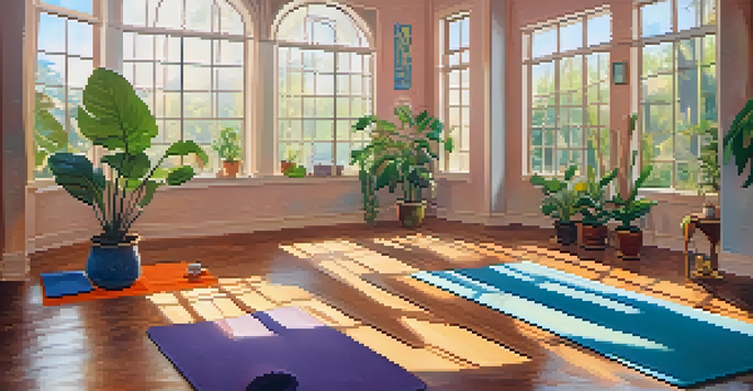 A peaceful yoga studio with people practicing yoga under warm morning light, surrounded by plants and calming artwork.