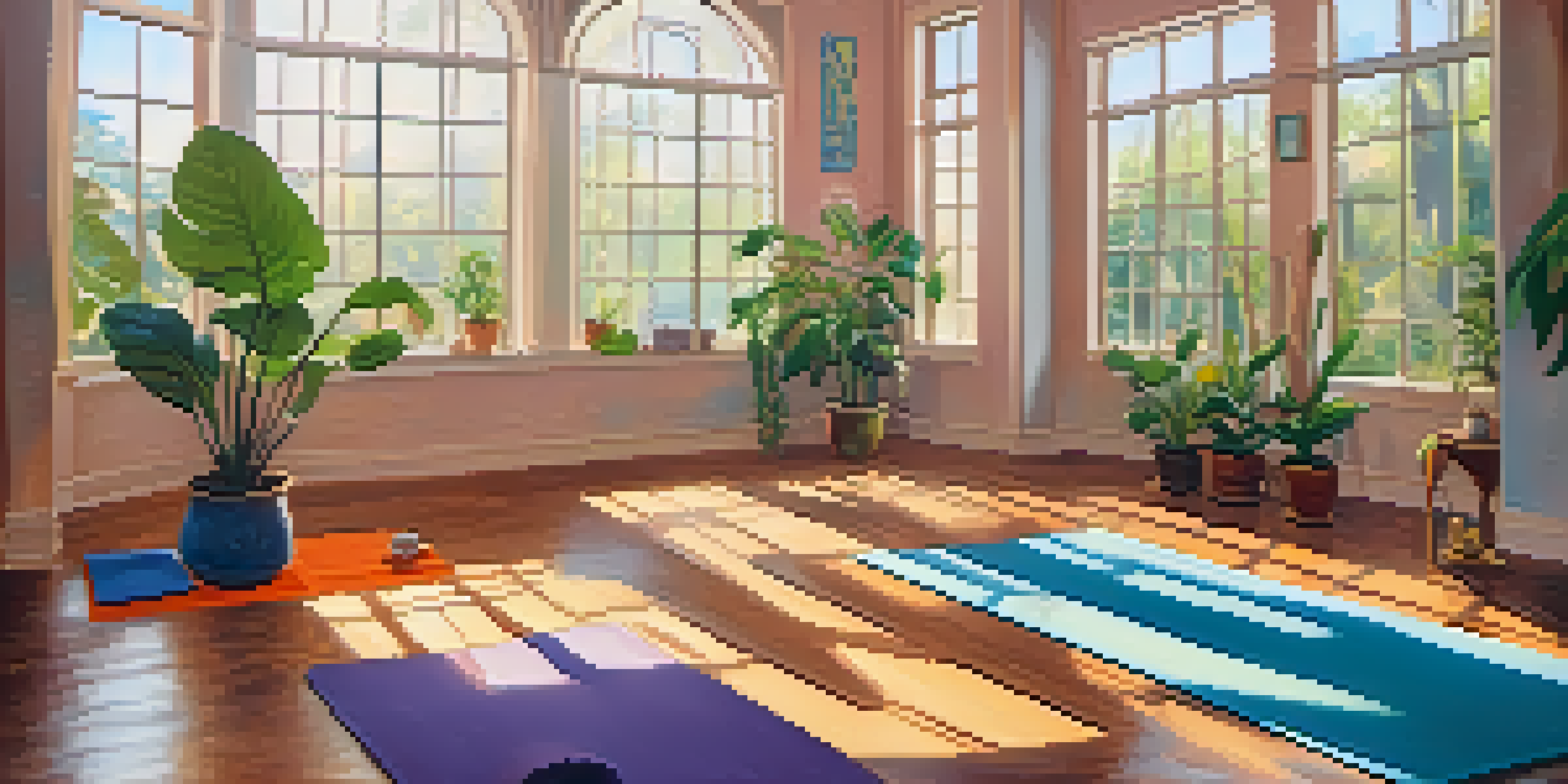 A peaceful yoga studio with people practicing yoga under warm morning light, surrounded by plants and calming artwork.