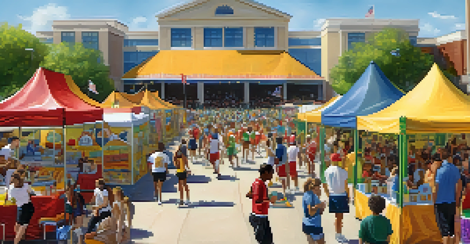 A community health fair at a collegiate sports festival, featuring booths with health resources and families participating in activities under a sunny sky.