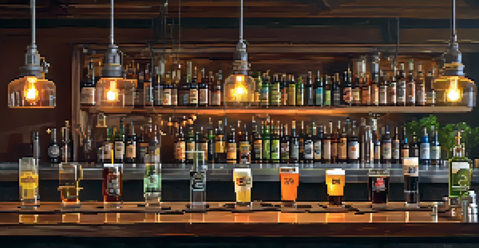 A selection of craft beers and spirits on a rustic bar counter, illuminated by warm lights with herbs and fruits nearby.