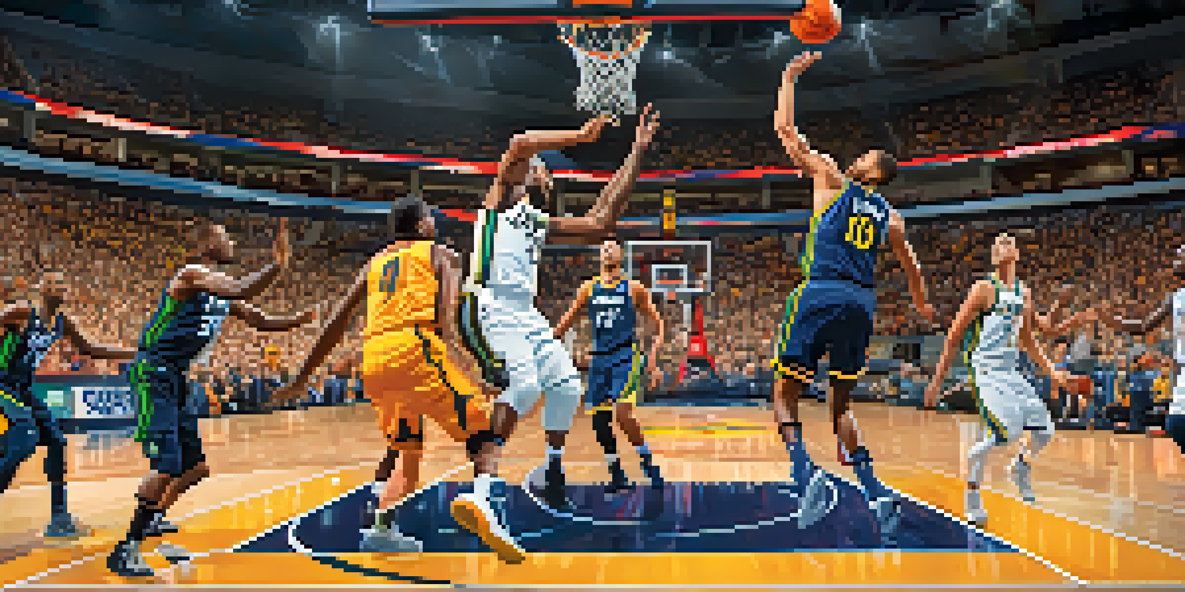 A lively basketball game in Salt Lake City, featuring excited fans in Utah Jazz jerseys and a player performing a slam dunk.
