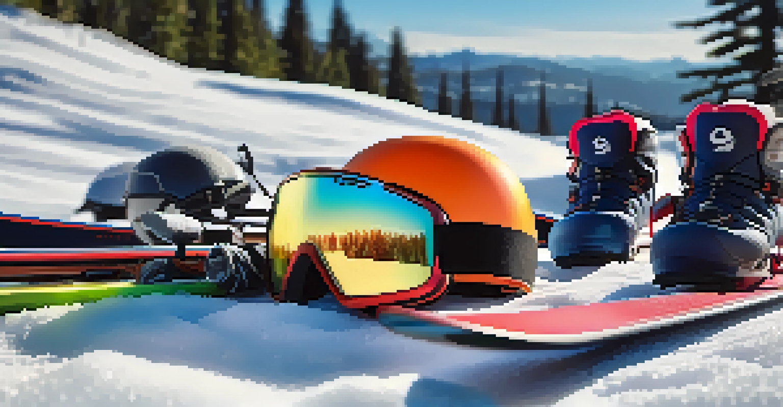 A detailed view of skiing gear including skis, poles, helmet, and goggles on a snowy surface with blurred ski slopes in the background.