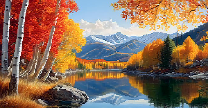 A picturesque scene of Big Cottonwood Canyon with colorful fall foliage and a reflective alpine lake under warm sunlight.