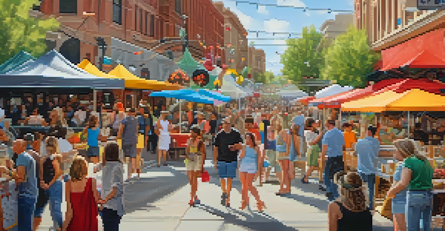 A vibrant street scene during the Utah Arts Festival featuring art installations and food trucks with attendees enjoying the festivities.