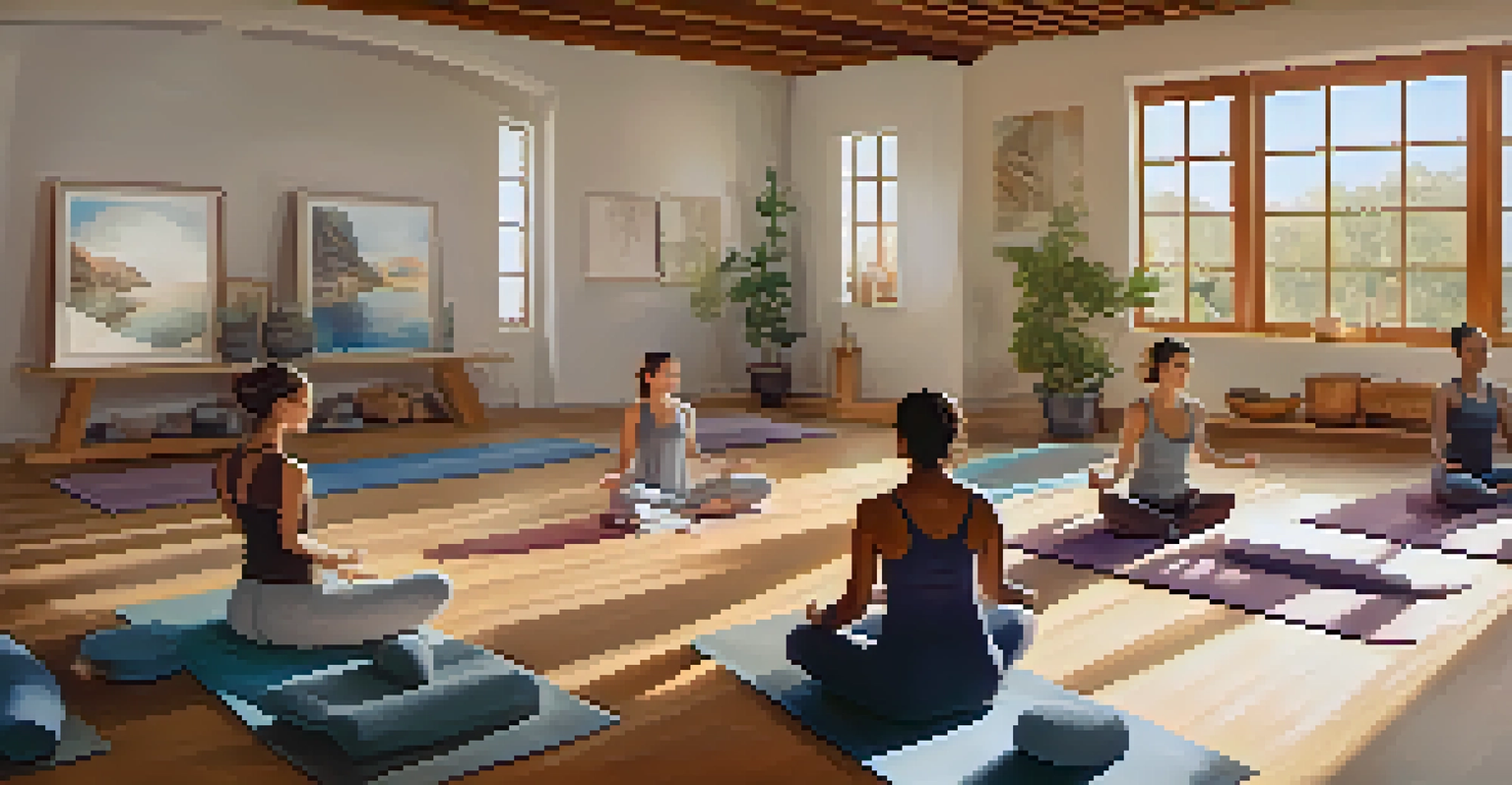 A restorative yoga class with participants gently stretching in a tranquil studio filled with soft lighting.