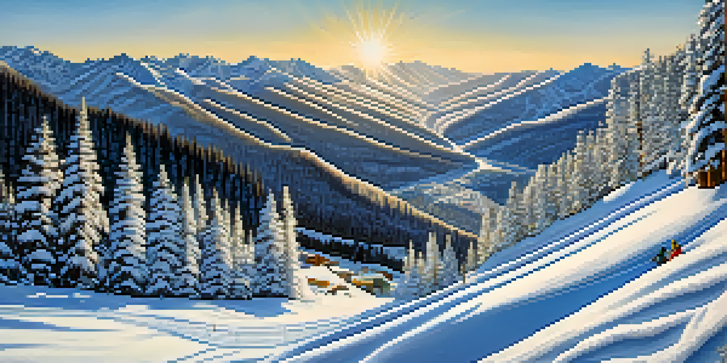A scenic view of a ski resort with skiers on snow-covered slopes and tall pine trees in a mountainous landscape.
