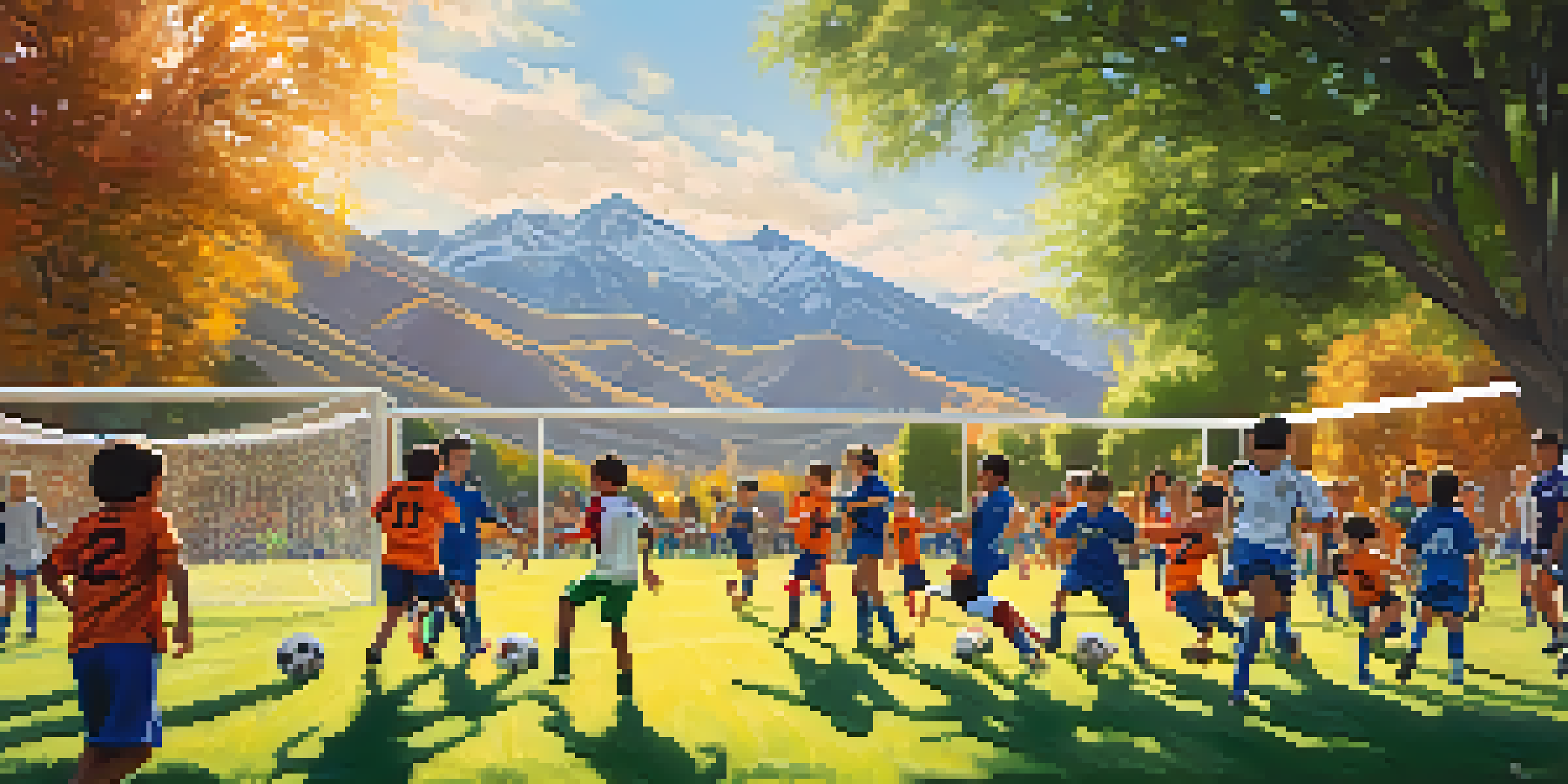 A lively youth soccer game with children of various backgrounds playing on a green field under a bright sun, with spectators cheering from the sidelines.