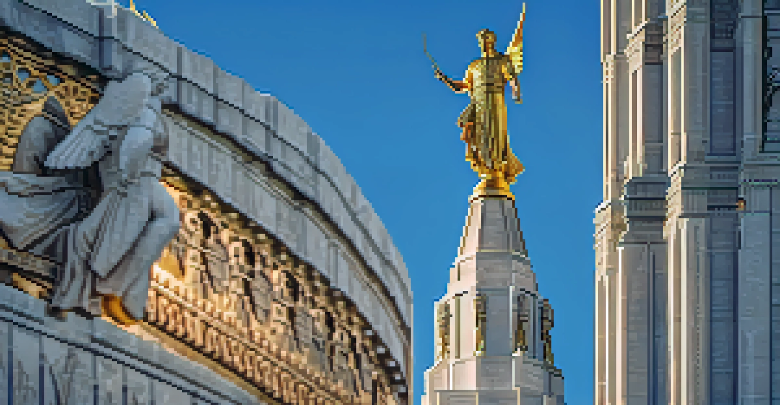 Close-up of the angel Moroni statue atop the Salt Lake Temple, illuminated by golden hour light.
