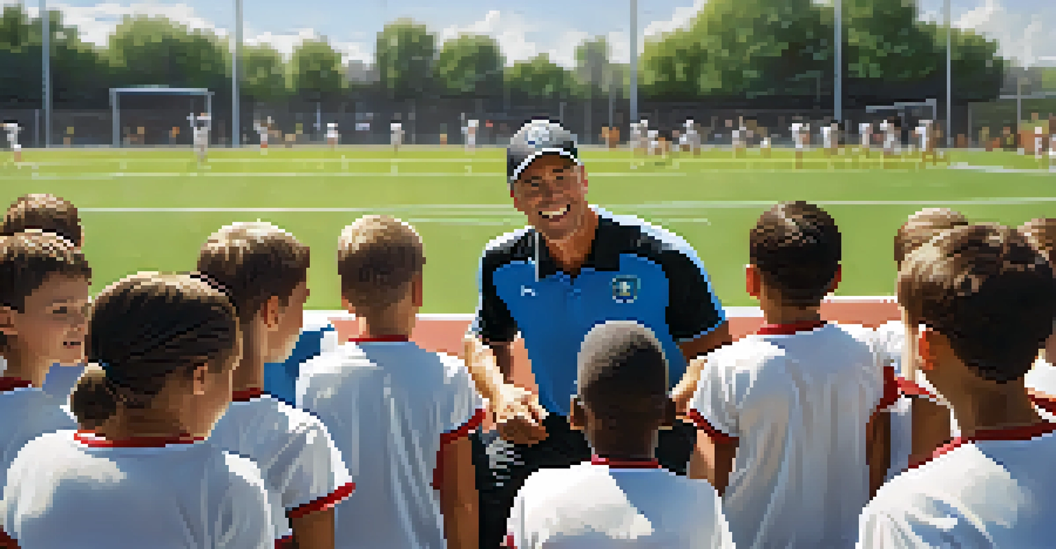 A supportive youth sports coach giving a motivational talk to young athletes in colorful uniforms, set against a blurred sports field background.