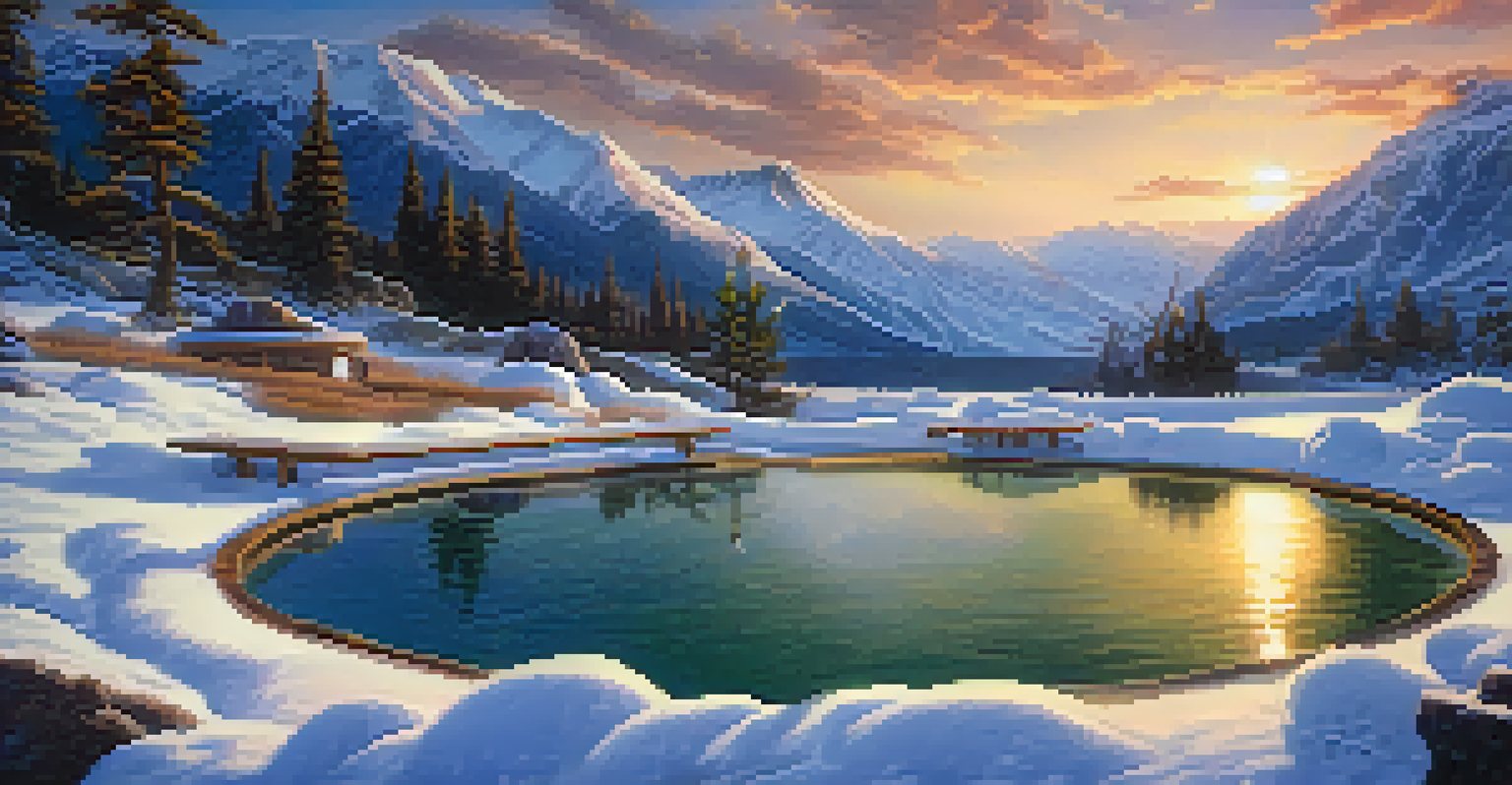 A peaceful hot spring with friends enjoying warm water amid snowy mountains during sunset.