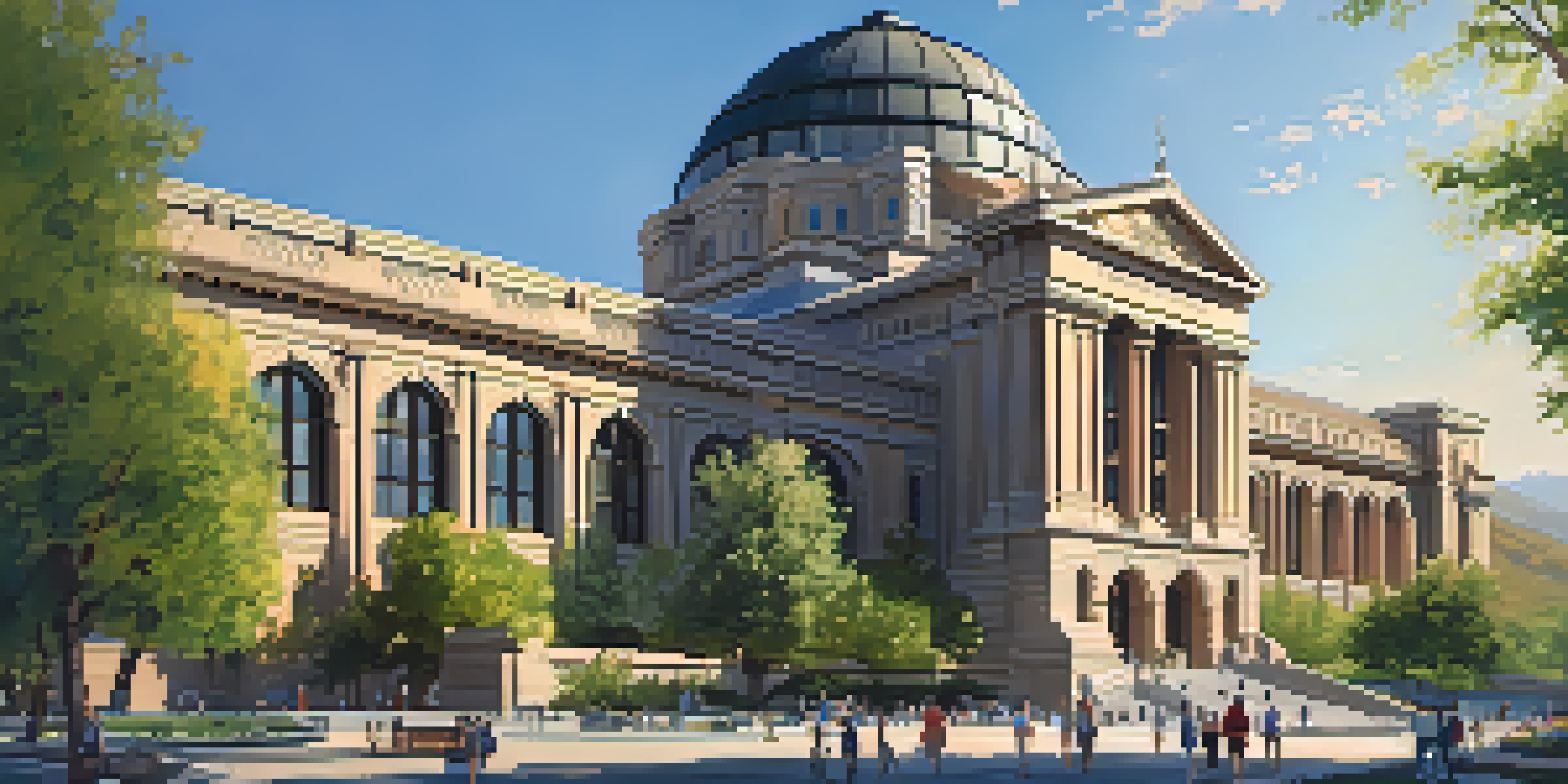 A picturesque view of the Natural History Museum with mountains in the background and visitors approaching the entrance.