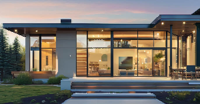 A contemporary smart home at sunset with solar panels and warm light, surrounded by greenery.
