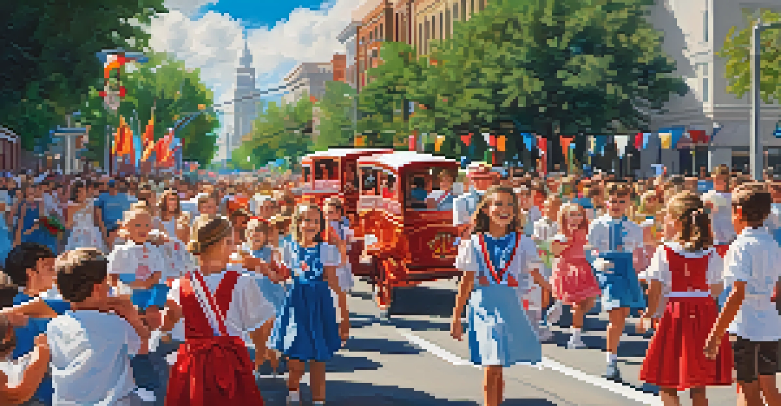 A colorful parade during the Pioneer Day Festival with floats, marching bands, and excited children catching candy.