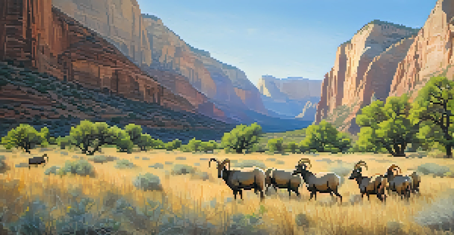A serene morning view of Zion National Park with grazing bighorn sheep, golden light on cliffs, and colorful wildflowers in the foreground.
