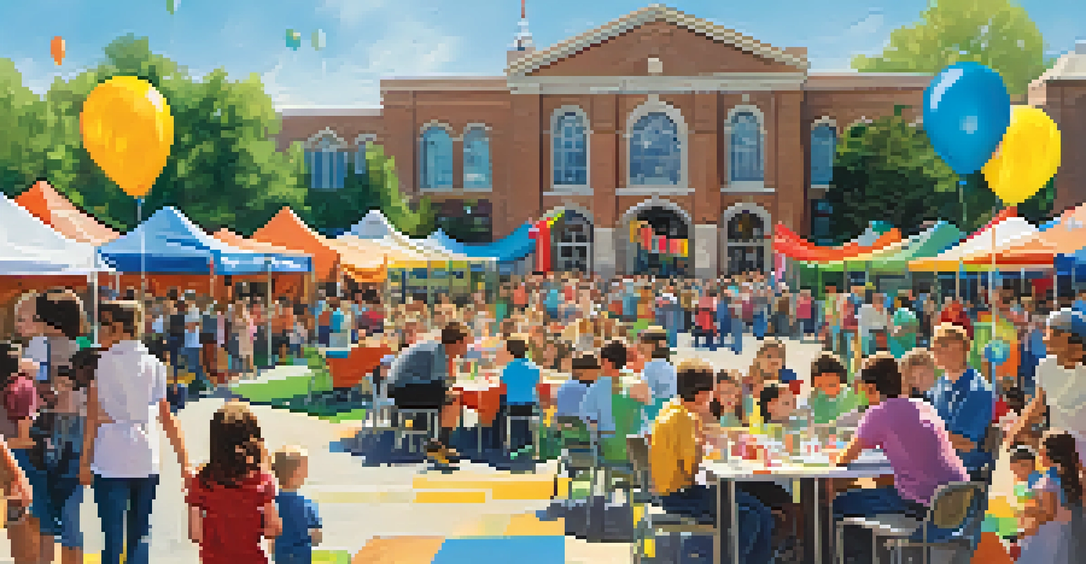 A lively community event at a private school with families and children interacting, surrounded by colorful decorations and activities.