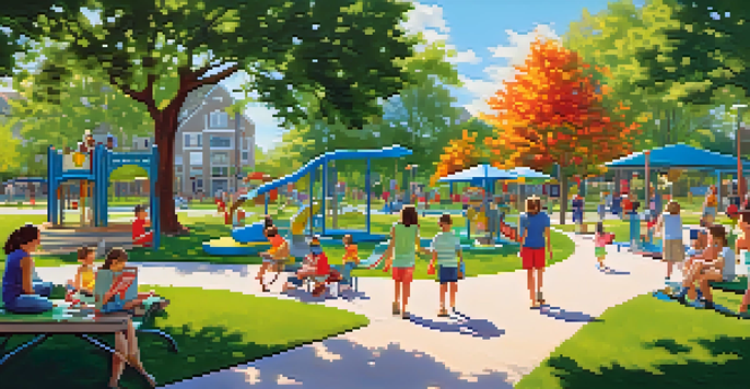 A family having fun at Liberty Park with children playing and parents relaxing in a sunny environment.