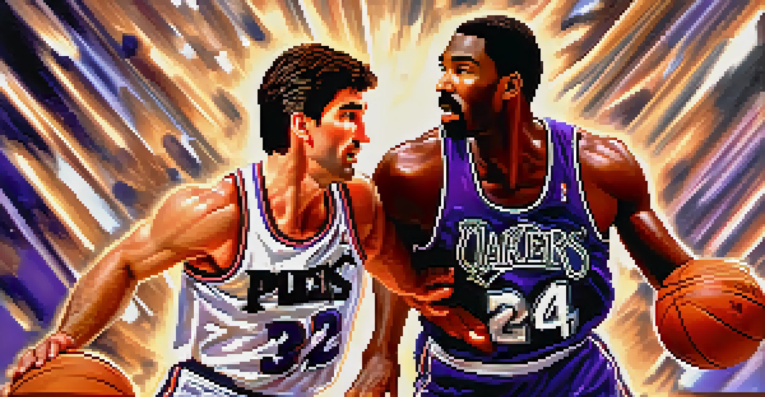 John Stockton and Karl Malone performing their famous 'pick and roll' play during a basketball game.