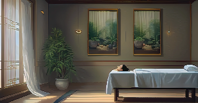 A peaceful acupuncture session with a patient on a massage table, needles in place, surrounded by plants and soft lighting.
