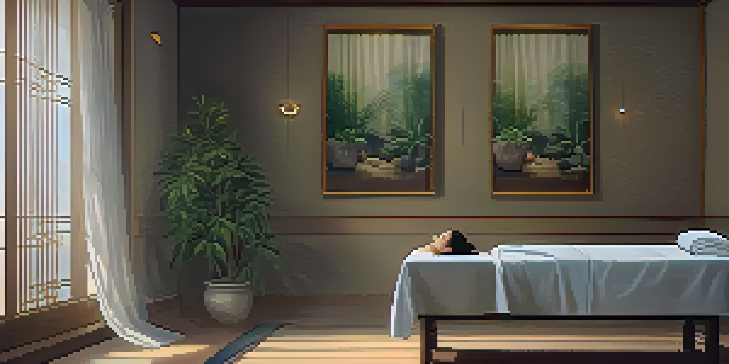 A peaceful acupuncture session with a patient on a massage table, needles in place, surrounded by plants and soft lighting.