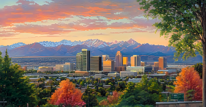 A panoramic view of Salt Lake City with a sunset, featuring the skyline and Wasatch Mountains, and people in a park.